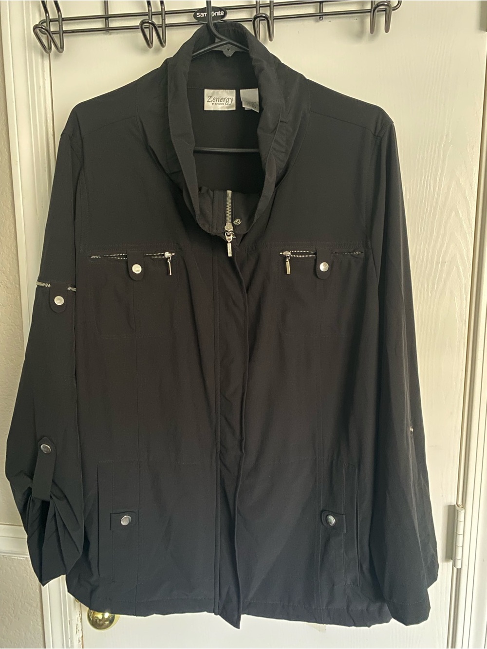 Chico's Zenergy Black Neema Lightweight Utility Jacket Size 3 XL Roll Sleeve